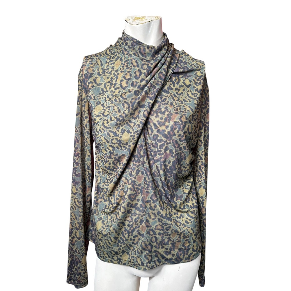 AllSaints Modern Leopard Print Mesh Draped Neck Top Green Size 10